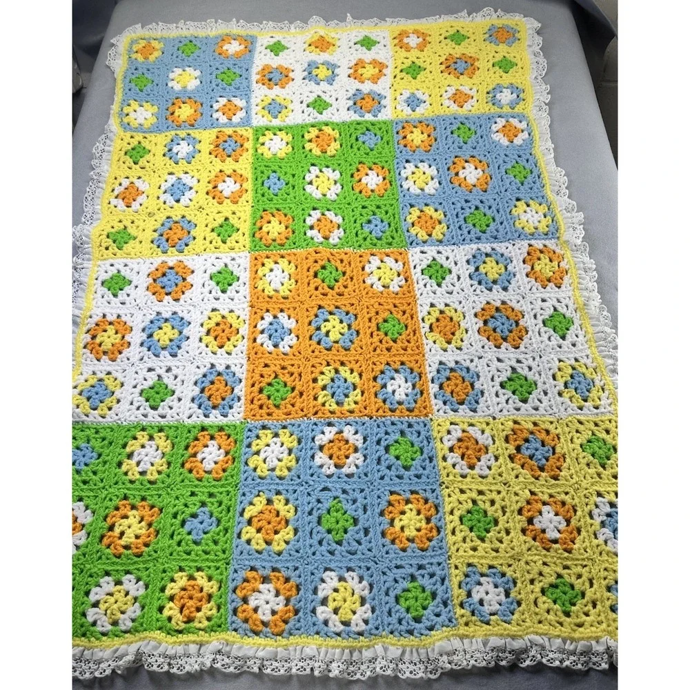 Handmade Crochet Knit Flower Blanket Eyelet Yellow Blue Green Afghan Baby 28x40